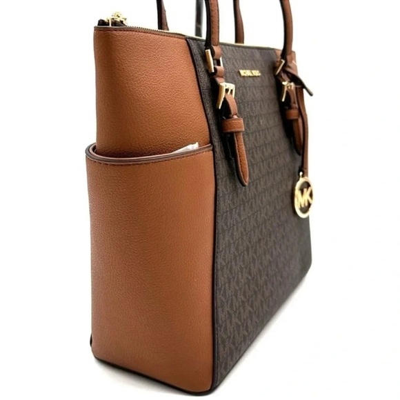 Michael Kors Large Charlotte Tote Bag Luggage Leather Brown - Picture 4 of 12